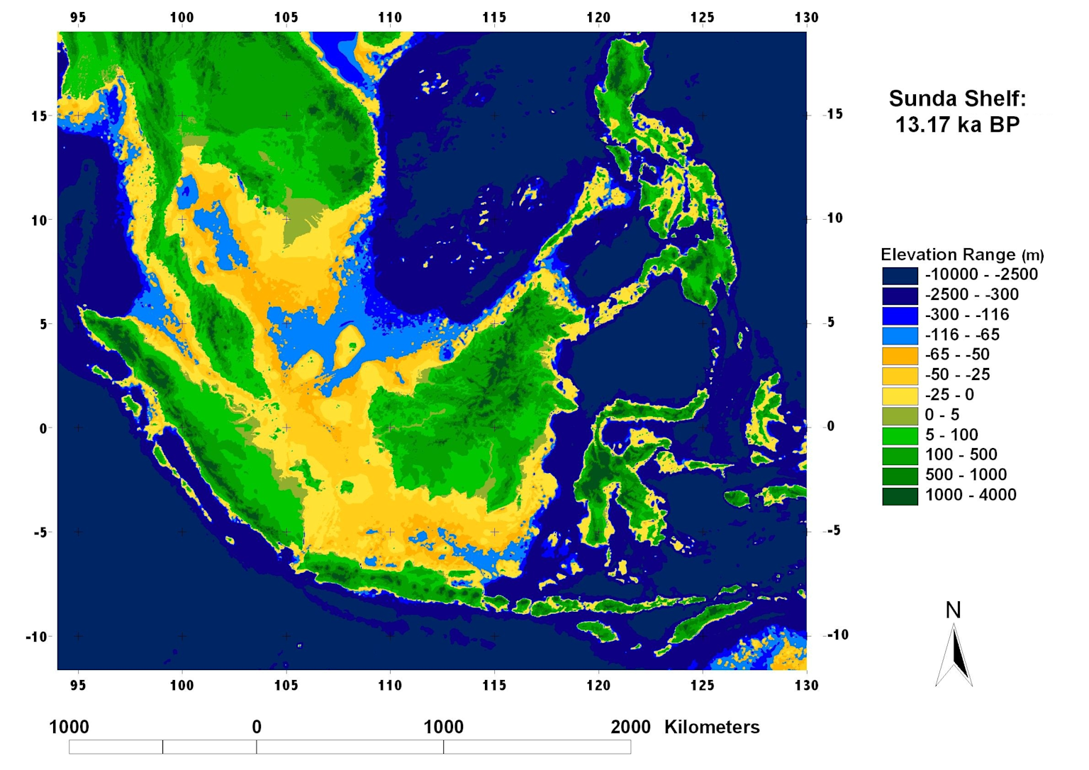 Elevation map of the Sunda Shelf region at 13.17 ka BP showing land and sea distribution relevant to the Wallace Line in Southeast Asia.
